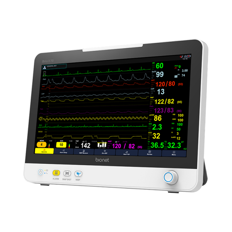 Brio X70 ICU patient monitor standalone unit, right three-quarter view displaying 9 waveforms and MEWS panel