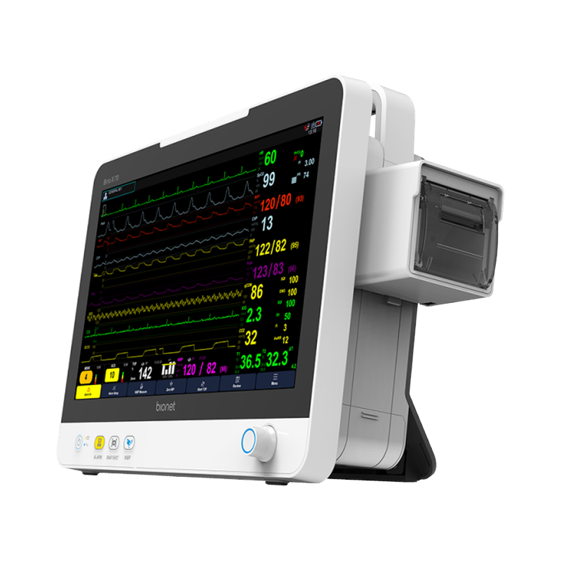 Brio X70 patient monitor with integrated thermal printer module, right three-quarter view