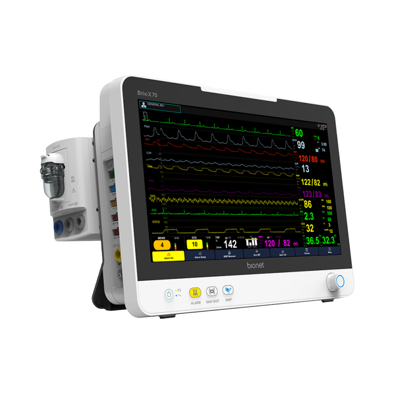 Brio X70 patient monitor with anesthesia gas module attached, left side view showing multi-parameter display