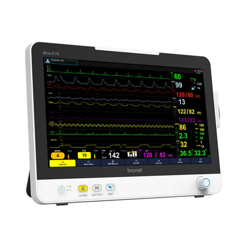 Brio X70 ICU patient monitor standalone unit showing EWS and GCS scoring buttons, left three-quarter view