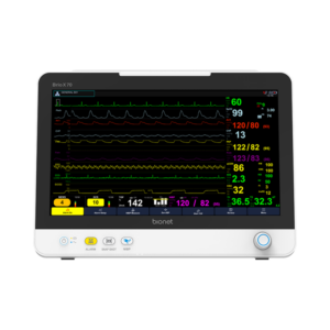 Brio X70 patient monitor front view with 15.6-inch capacitive touch display and vital signs monitoring