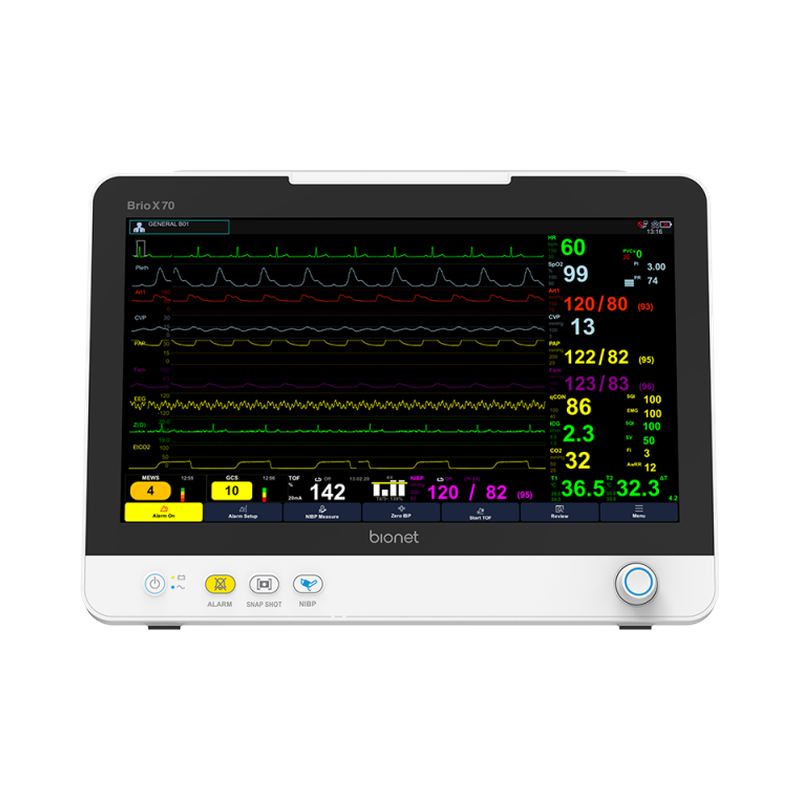 Brio X70 patient monitor front view with 15.6-inch capacitive touch display and vital signs monitoring