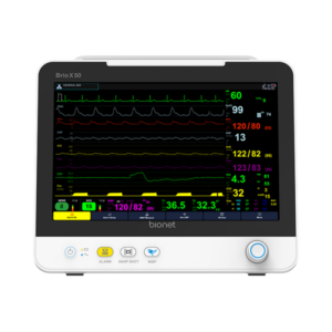 Brio X50 patient monitor front view with 12.1-inch capacitive touch display and vital signs monitoring