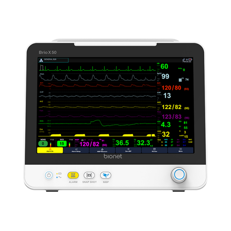 Brio X50 patient monitor front view with 12.1-inch capacitive touch display and vital signs monitoring