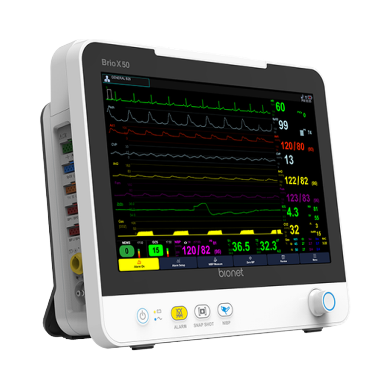 Brio X50 patient monitor standalone unit showing EWS and GCS scoring buttons, left three-quarter view