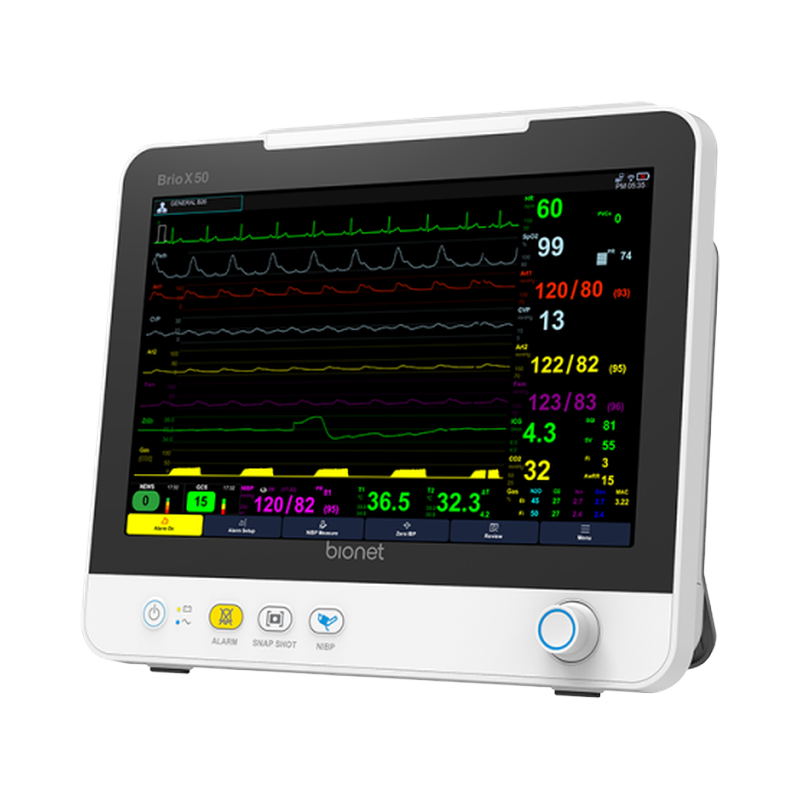 Brio X50 patient monitor standalone unit, right three-quarter view displaying 8 waveforms and MEWS panel