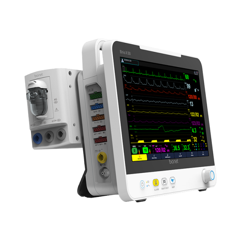 Brio X50 patient monitor with anesthesia gas module attached, left side view showing multi-parameter display
