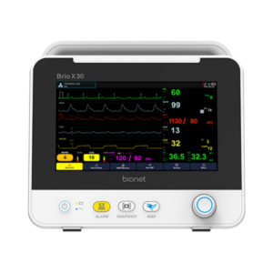 Brio X30 patient monitor front view with 8-inch touchscreen display and vital signs monitoring