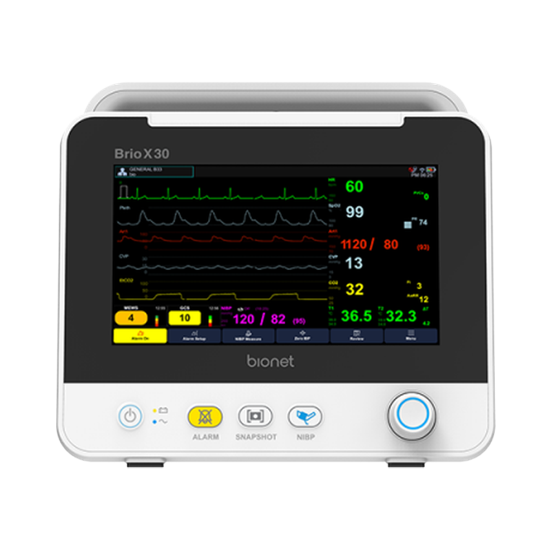 Brio X30 patient monitor front view with 8-inch touchscreen display and vital signs monitoring