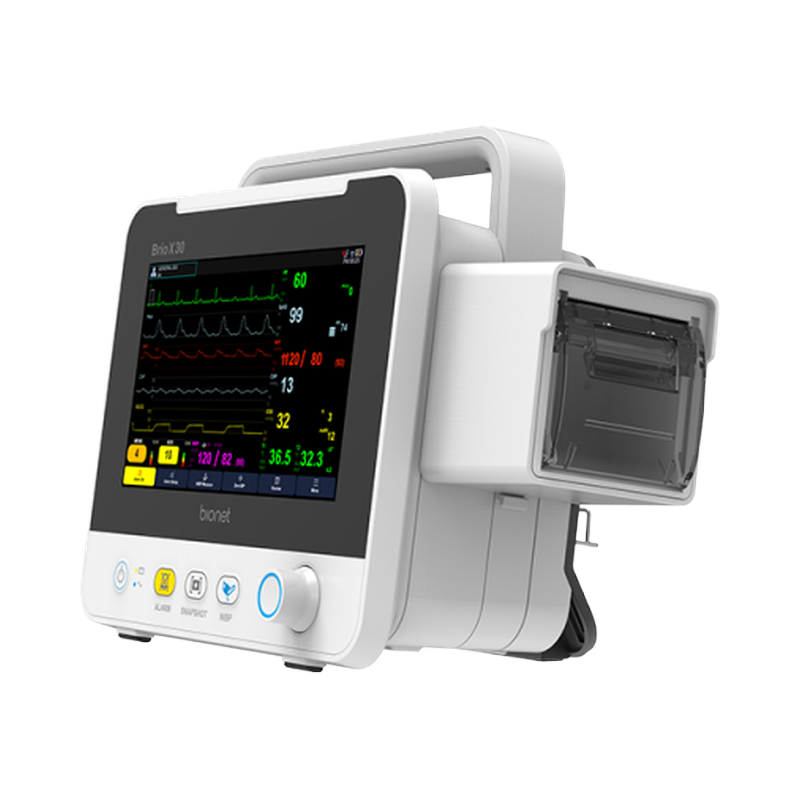 Brio X30 patient monitor with integrated thermal printer module, left three-quarter view