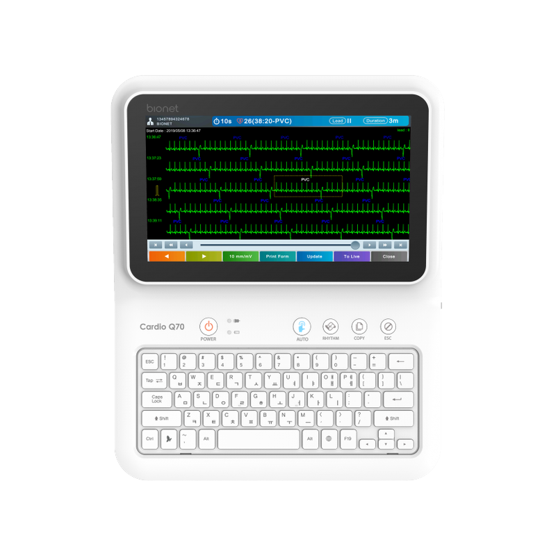 Cardio Q70 resting ECG device front view with built-in keyboard and color display showing full 12-lead ECG