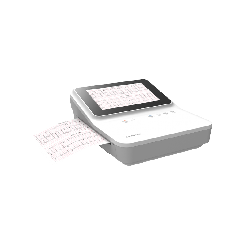 Cardio Q70 resting ECG device with integrated thermal printer and sample 12-lead ECG report output