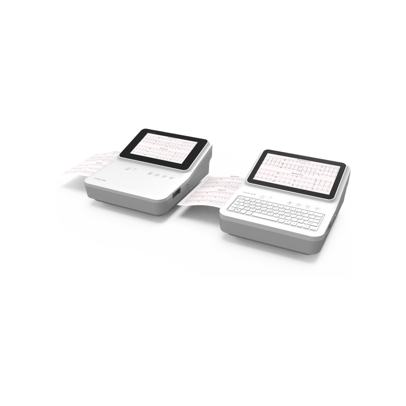 Cardio Q70 resting ECG device lineup with two units side by side showing print capability