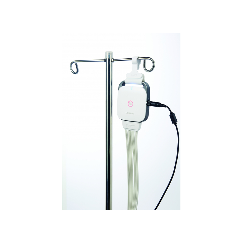 Cardio P1 resting ECG acquisition module mounted on an IV pole with 12-lead patient cable for clinical use