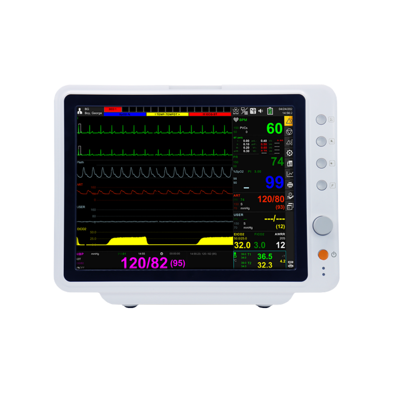 BM7 patient monitor front view with 12.1-inch color touch screen displaying multi-parameter waveforms and vital signs