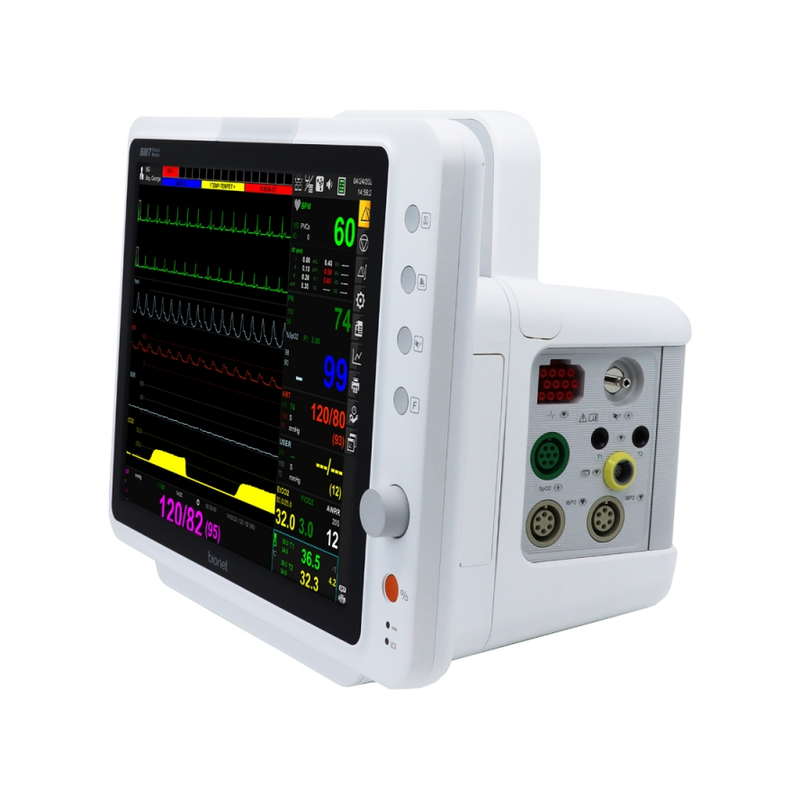 BM7 patient monitor right three-quarter angle view showing multi-parameter module connectors including SpO2 and dual IBP ports