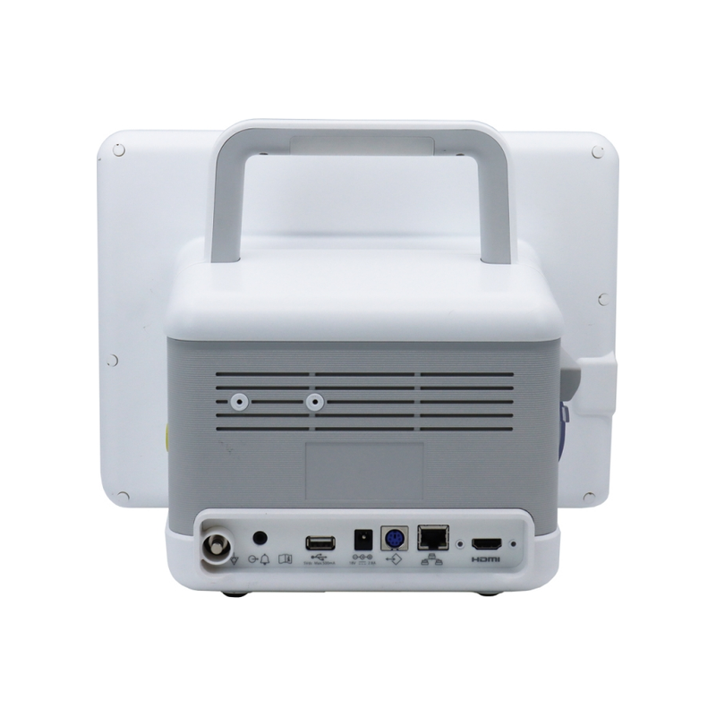 BM7 patient monitor rear view showing carrying handle, USB, Ethernet, HDMI connector ports, and ventilation grille