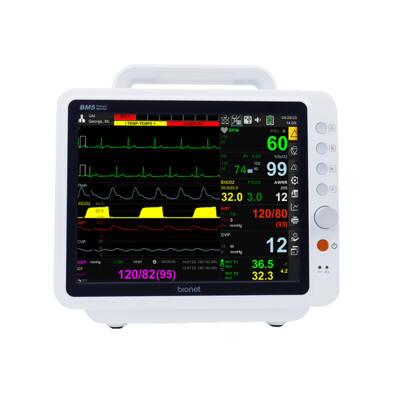 BM5 patient monitor front view with 10.4-inch color touch screen displaying multi-parameter waveforms and vital signs