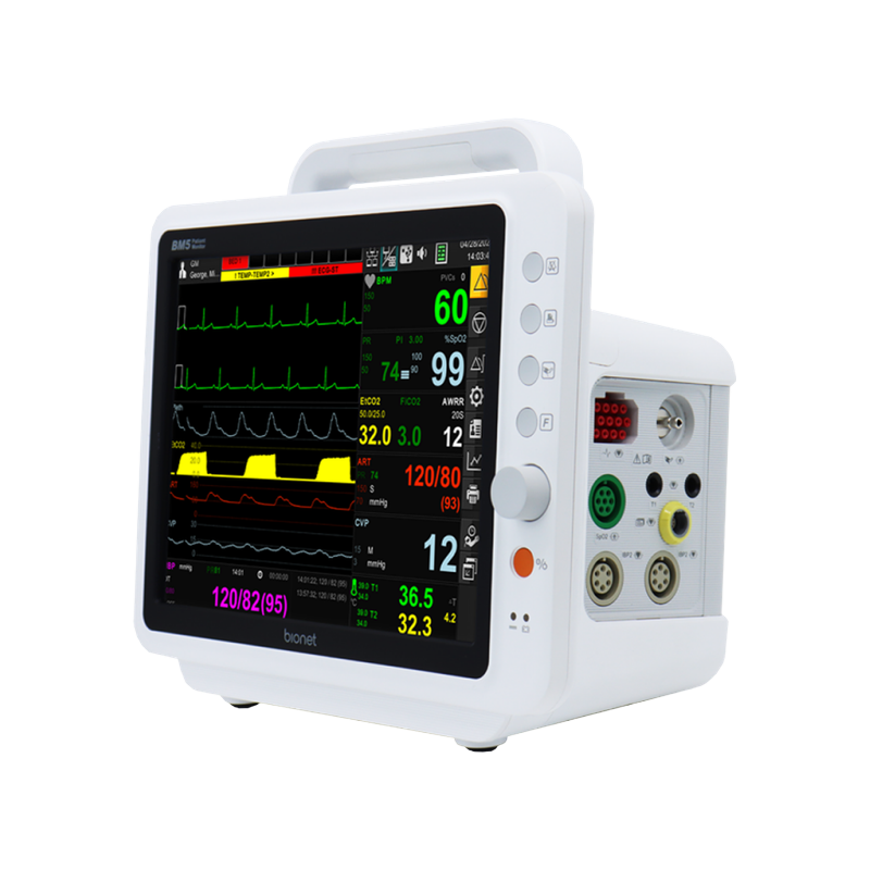 BM5 patient monitor right three-quarter angle view showing multi-parameter module connectors including SpO2 and IBP ports