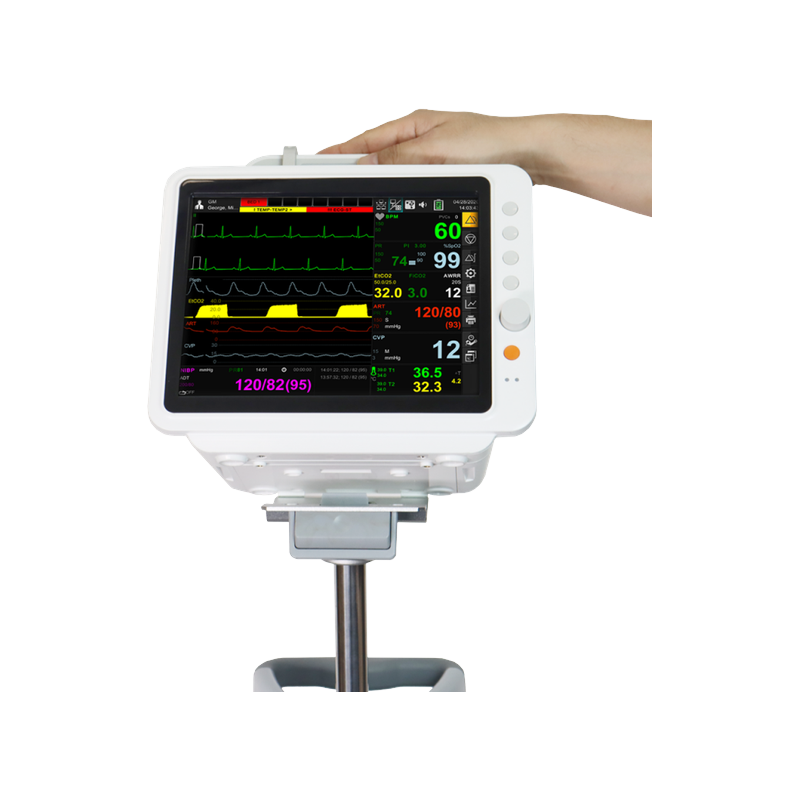 BM5 patient monitor mounted on rolling pole stand with healthcare professional hand demonstrating portability and bedside use