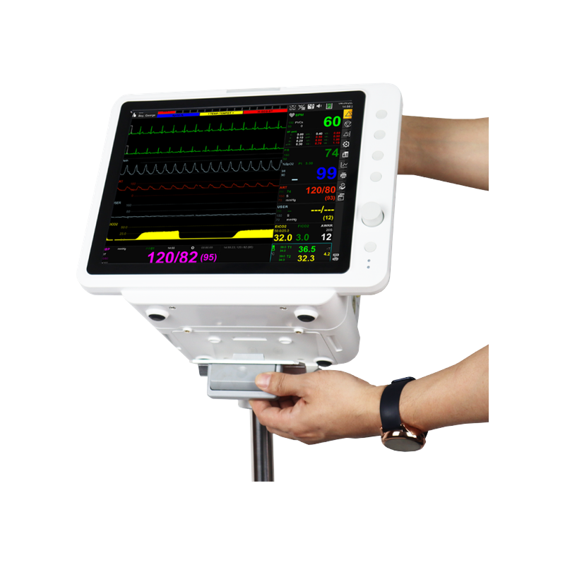 BM5 patient monitor mounted on wall arm bracket showing rear connector and installation setup