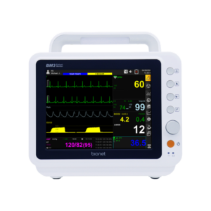 BM3 patient monitor front view with 8-inch color touch screen displaying ECG, SpO2, NIBP, and temperature parameters