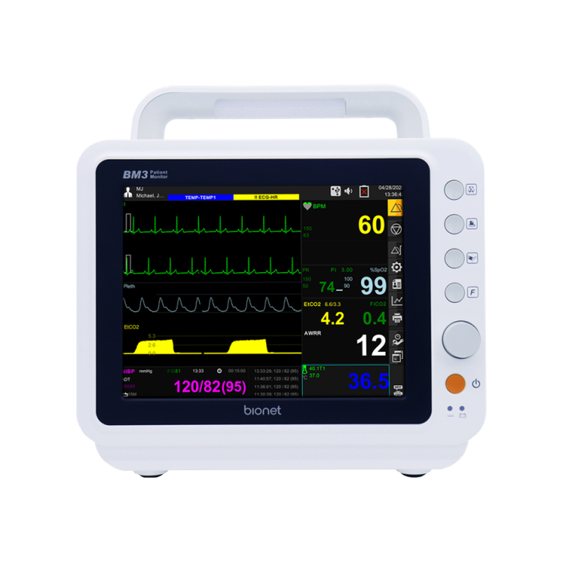 BM3 patient monitor front view with 8-inch color touch screen displaying ECG, SpO2, NIBP, and temperature parameters