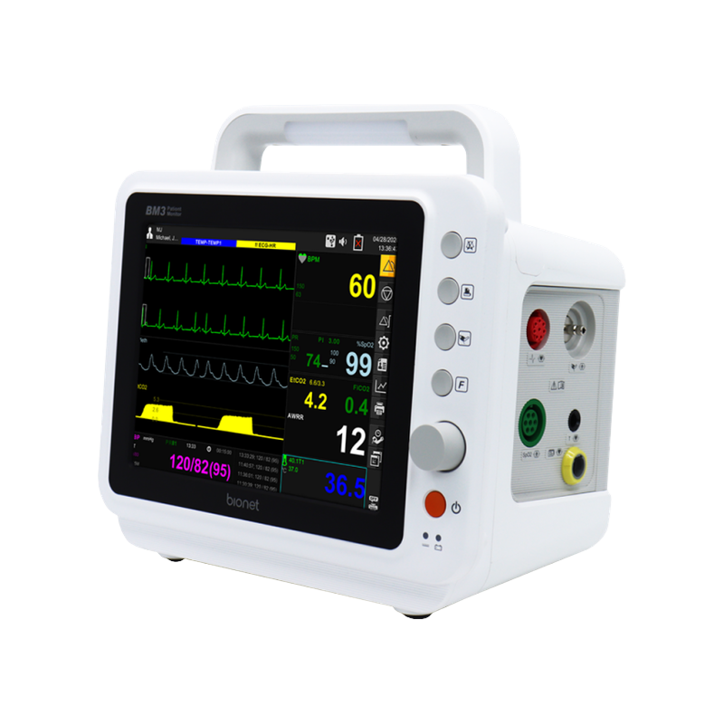 BM3 patient monitor right three-quarter angle view showing multi-parameter module connectors including SpO2 and IBP ports