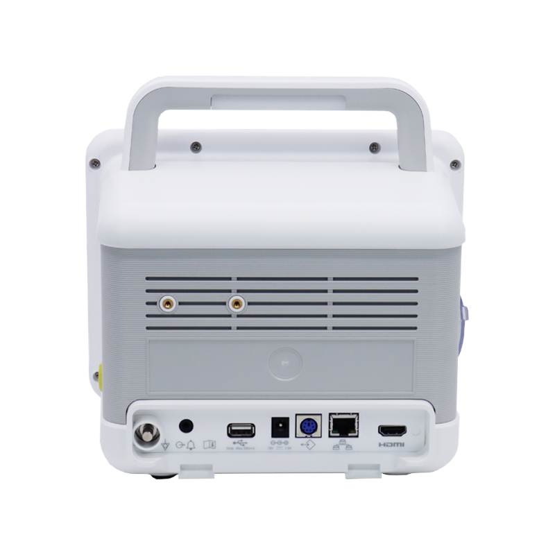 BM3 patient monitor rear view showing carrying handle, USB, Ethernet, HDMI connector ports, and ventilation grille