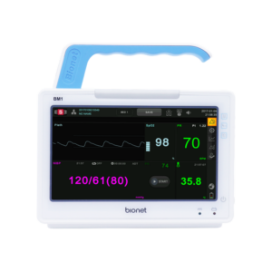 BM1 compact vital signs monitor front view with blue carrying handle and touch screen displaying SpO2, pulse rate, NIBP, and temperature