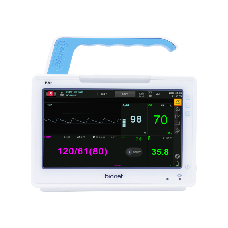 BM1 compact vital signs monitor front view with blue carrying handle and touch screen displaying SpO2, pulse rate, NIBP, and temperature