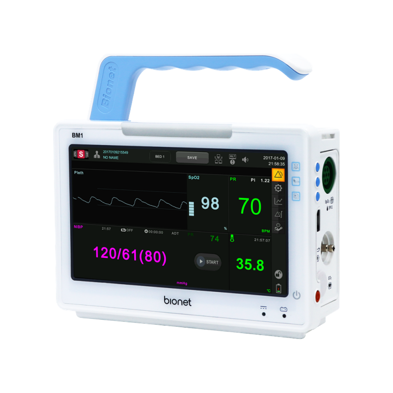 BM1 compact vital signs monitor right three-quarter angle view showing SpO2 and NIBP connector ports with blue carrying handle