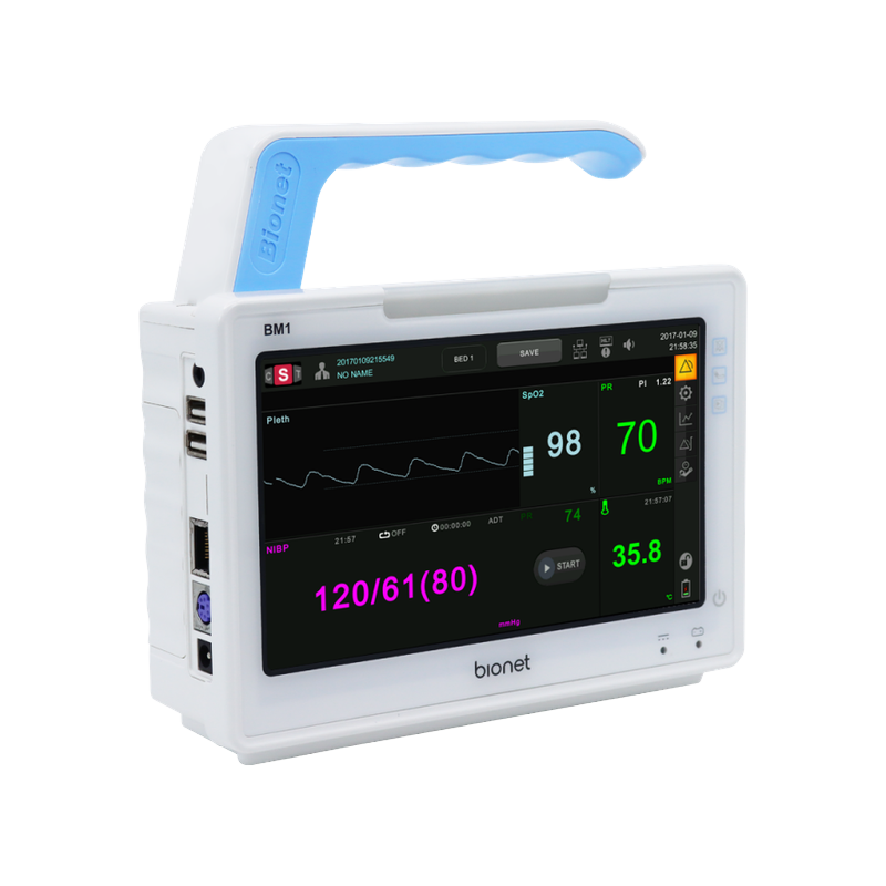 BM1 compact vital signs monitor left three-quarter angle view showing USB and connectivity ports with blue carrying handle