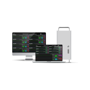 BM Central Pro central monitoring system overview showing dedicated central monitor display, laptop client, and server tower for hospital workflow