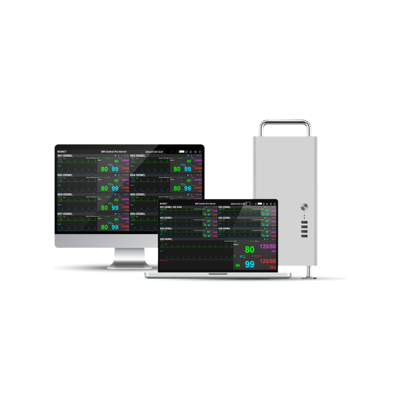 BM Central Pro central monitoring system overview showing dedicated central monitor display, laptop client, and server tower for hospital workflow