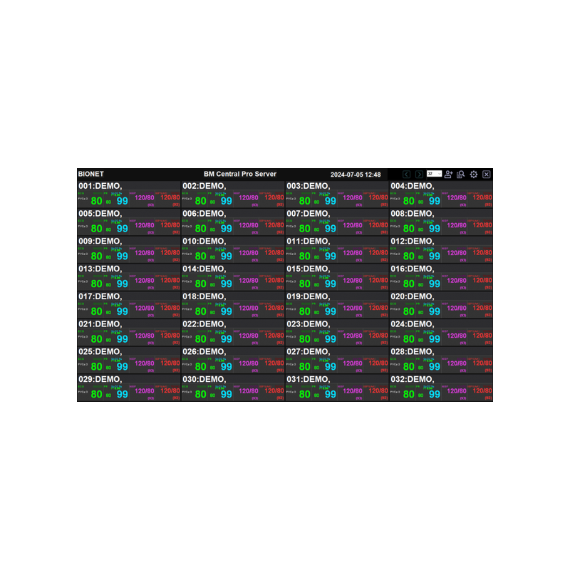 BM Central Pro expanded dashboard view showing more than 30 connected patient bed identifiers in compact tile layout for large hospital wards