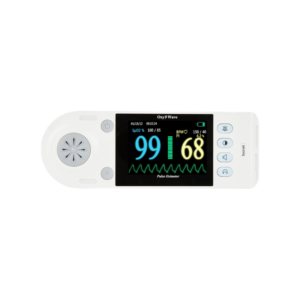 Oxy9wave handheld pulse oximeter landscape view with Oxy9 Wave brand display showing SpO2 99 percent and pulse rate 68 BPM with plethysmography waveform