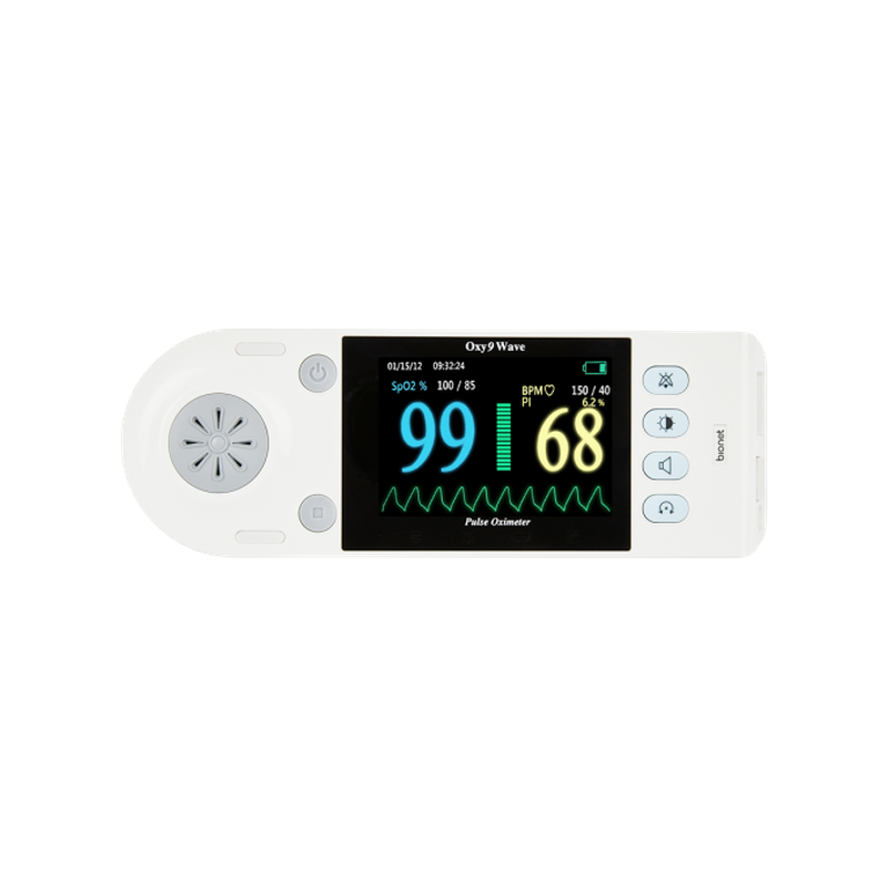 Oxy9wave handheld pulse oximeter landscape view with Oxy9 Wave brand display showing SpO2 99 percent and pulse rate 68 BPM with plethysmography waveform