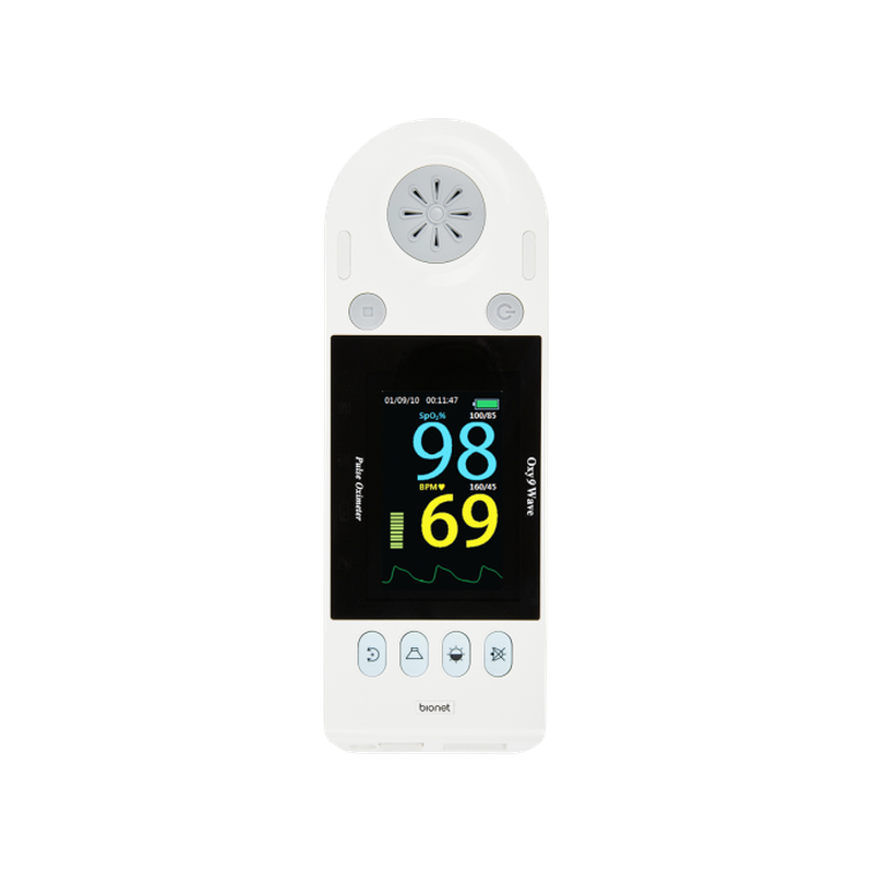 Oxy9wave handheld pulse oximeter portrait orientation view with Oxy9 Wave brand and Pulse Oximeter display showing SpO2 98 percent and pulse rate 69 BPM