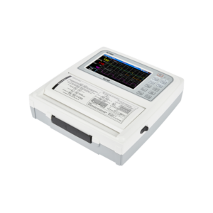 FC1400 fetal monitor right-front angle view with color touch screen displaying fetal heart rate waveforms and printer cover with quick guide overlay