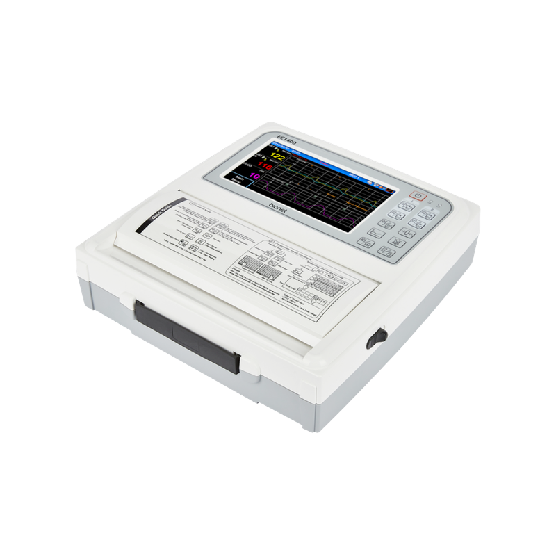 FC1400 fetal monitor right-front angle view with color touch screen displaying fetal heart rate waveforms and printer cover with quick guide overlay