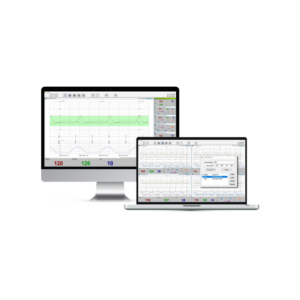 FC Central multi-patient fetal monitoring software shown on desktop monitor and laptop displaying multi-channel fetal heart rate trends with FHR values and patient list interface