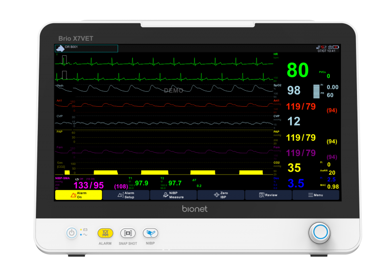 Brio X7VET veterinary patient monitor front view with 15.6-inch capacitive touchscreen displaying ECG, SpO2, IBP, CO2 and multi-gas waveforms for animal vital signs monitoring