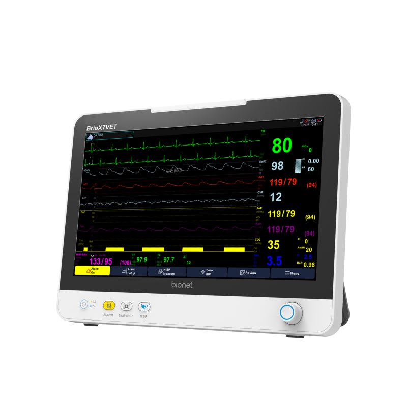 Brio X7VET veterinary patient monitor standalone unit, left three-quarter view with vital signs and capnography waveforms on the touchscreen display