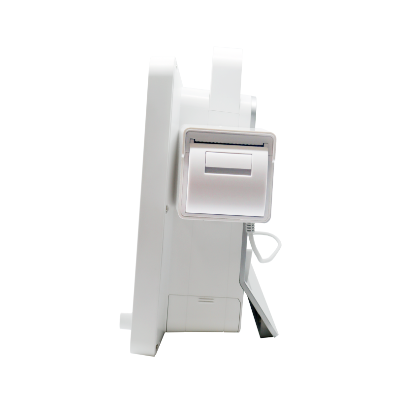 Brio X7VET veterinary patient monitor side profile showing the integrated thermal printer module and rear stand
