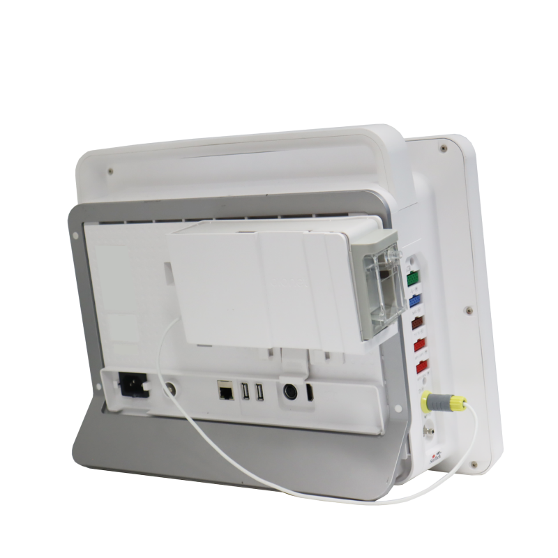 Brio X7VET veterinary patient monitor rear view showing multi-parameter I/O ports, IBP and temperature connectors and battery compartment