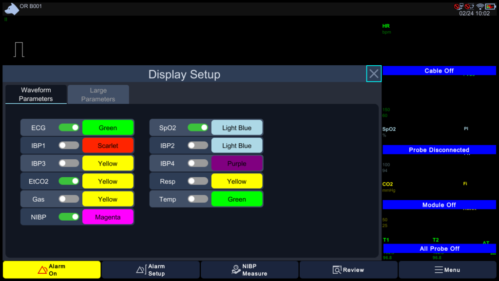 Display Setup — Waveform Parameters Color Customization Brio X7VET Display Setup screen for waveform parameter color customization including ECG, SpO2, IBP1-4, EtCO2, Gas, Resp, Temp and NIBP color assignments