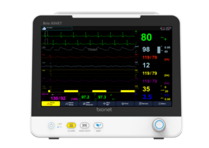 Brio X5VET veterinary patient monitor front view with 12.1-inch touchscreen showing animal vital signs including ECG, SpO2, NIBP, IBP and EtCO2