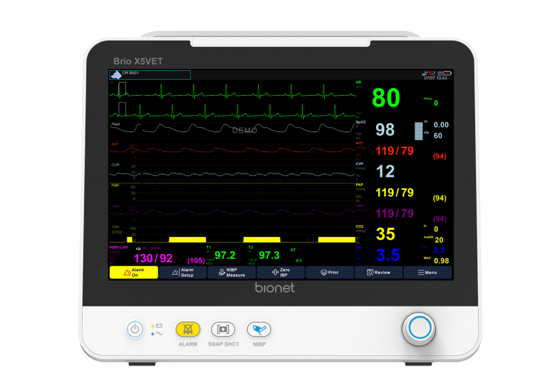 Brio X5VET veterinary patient monitor front view with 12.1-inch touchscreen showing animal vital signs including ECG, SpO2, NIBP, IBP and EtCO2