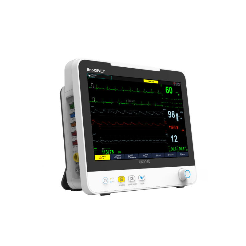 Brio X5VET veterinary patient monitor with side-mounted multi-parameter module, left three-quarter view showing animal ECG and vital signs